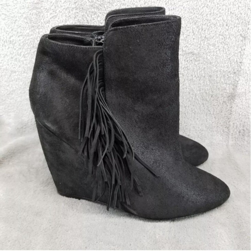 Charles David Bootie 8.5 Black Suede Fringe‎ Cowgirl Western Rocker Grunge Wedge - Picture 4 of 14